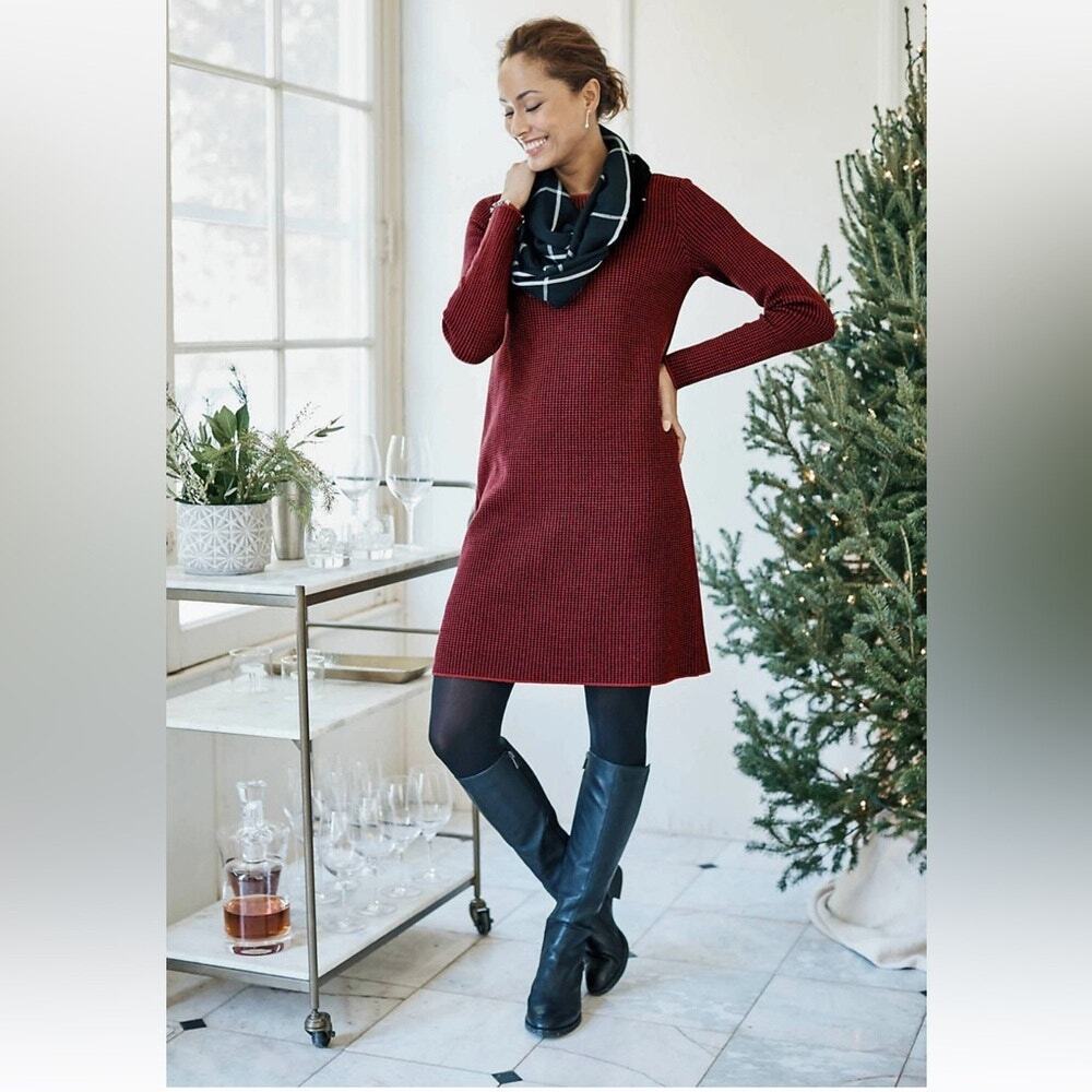 J.Jill Stylish & Cozy Red & Black Houndstooth Sweater Dress Large Petite